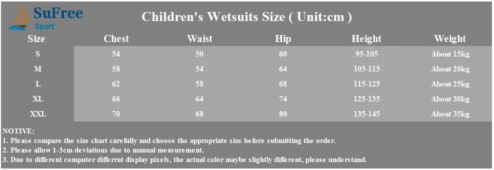 DIVE&SAIL 2.5mm Neoprene Children Wetsuits Kids Diving Suits Short-sleeved One-piece Surfing Clothes Patchwork Swimwears for Boys and Girls 3Colors size chart