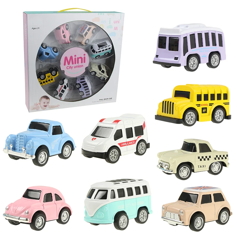 

8 PCS/Set Cute Mini Diecast Car Alloy Pull Back Vehicles Model Toy Metal Lovely Colorful Taxi Bus Toys Alloy Car For Kids Gift