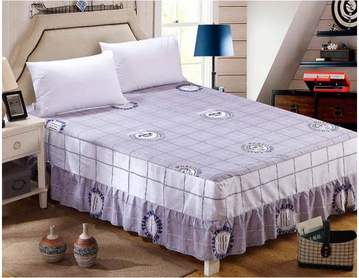 

Gray grid twin full queen king size with elastic band bed skirt Cotton Bedspreads Non-slip mattress cover bedding