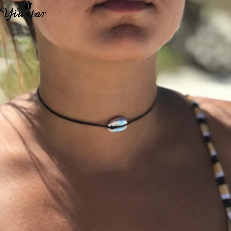 Yiustar Boho Tiny Sea Shell Pendant Choker Necklace Black Rope Chain Necklaces Women Girls Cute Seashells Beach Jewelry Gifts | Украшения и