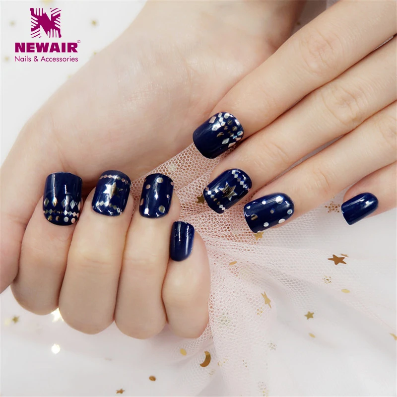 

Press on False Nails with Metallic Designs Square Metal Geometric Patterns Fake Nail Tips ABS Manicure Nail Art