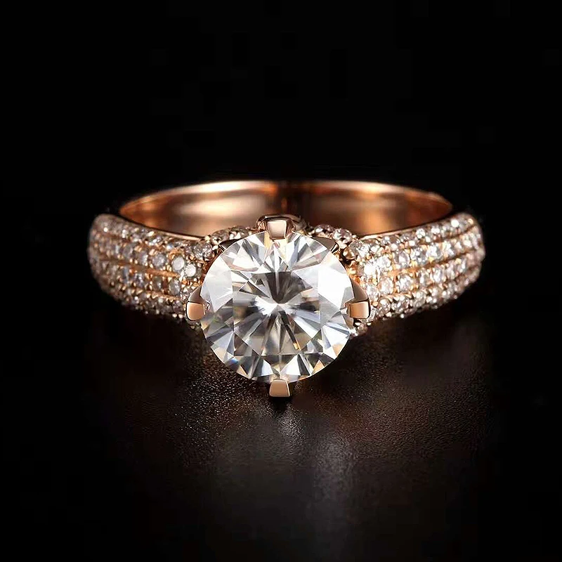 Solid 18K Yellow Gold Center 1CT Moissanite Round Cut Ring Side Stone Lab Grown Diamond Wedding For Jewelry Women | Украшения и