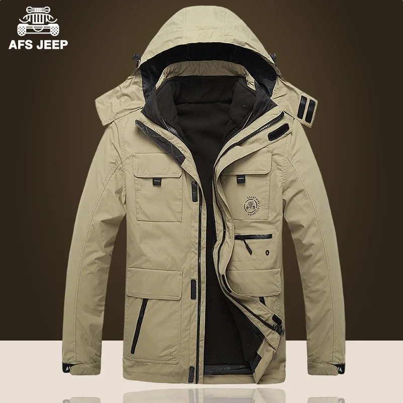 ZHAN DI JI PU Брендовая одежда зимняя куртка со съемным капюшоном и воротником пальто размера Плюс XXXL 4XL Мужская парка 195 - Цвет: khaki