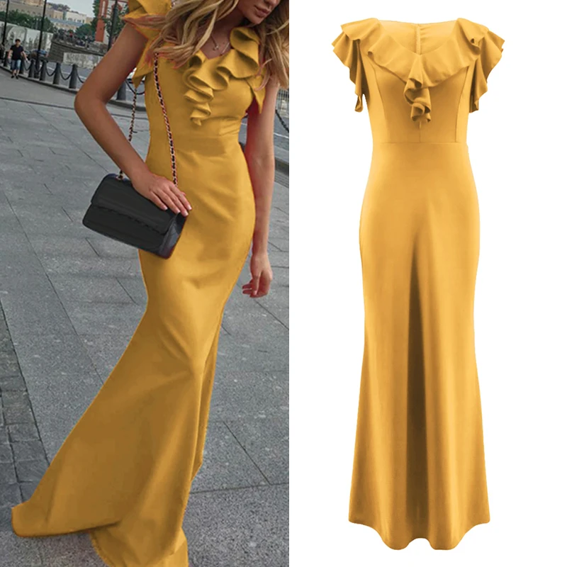 

Summer Women's party dress Solid Color Fishtail Ruffled Slim hips-wrapped Cocktail elegant business ladies sexy fit Long Dress