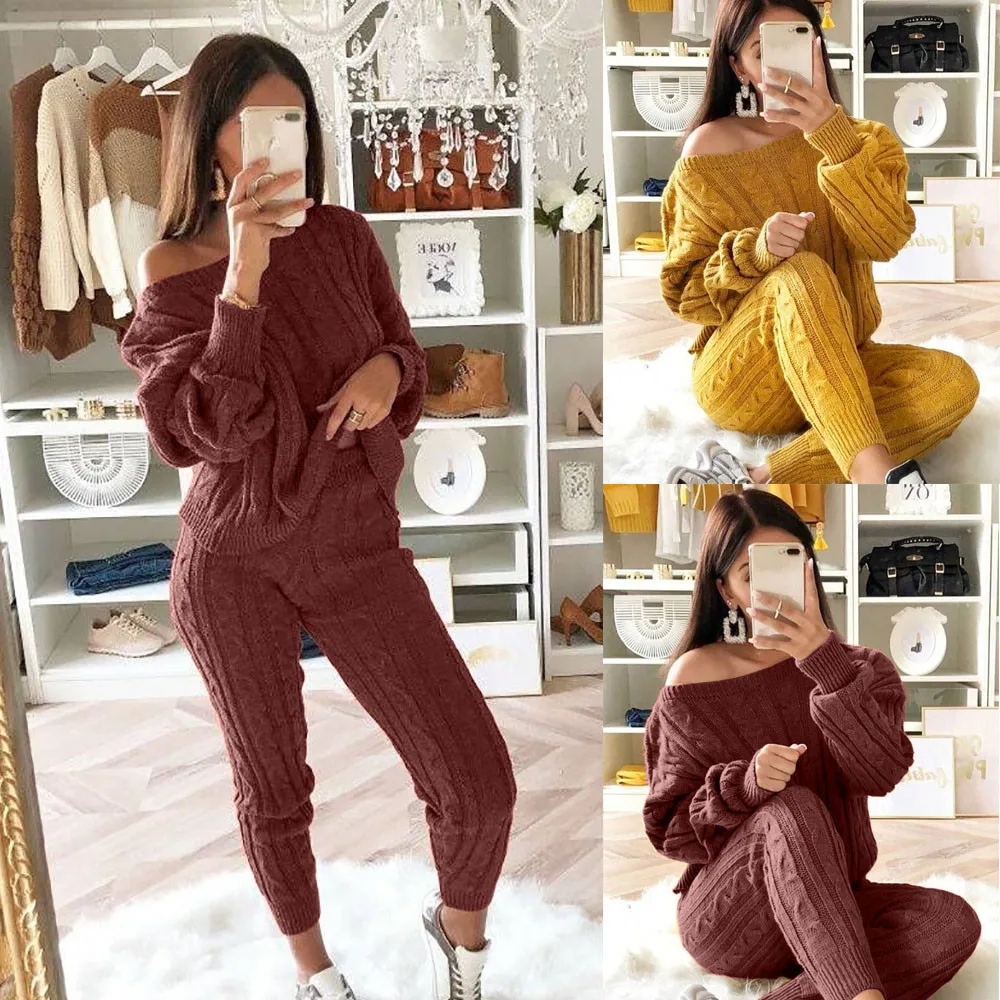 

2019 New Women 2PCS Autumn Winter Sexy Solid Off Shoulder Cable Knitted Warm 2PC Loungewear Suit Set Womens Outfits