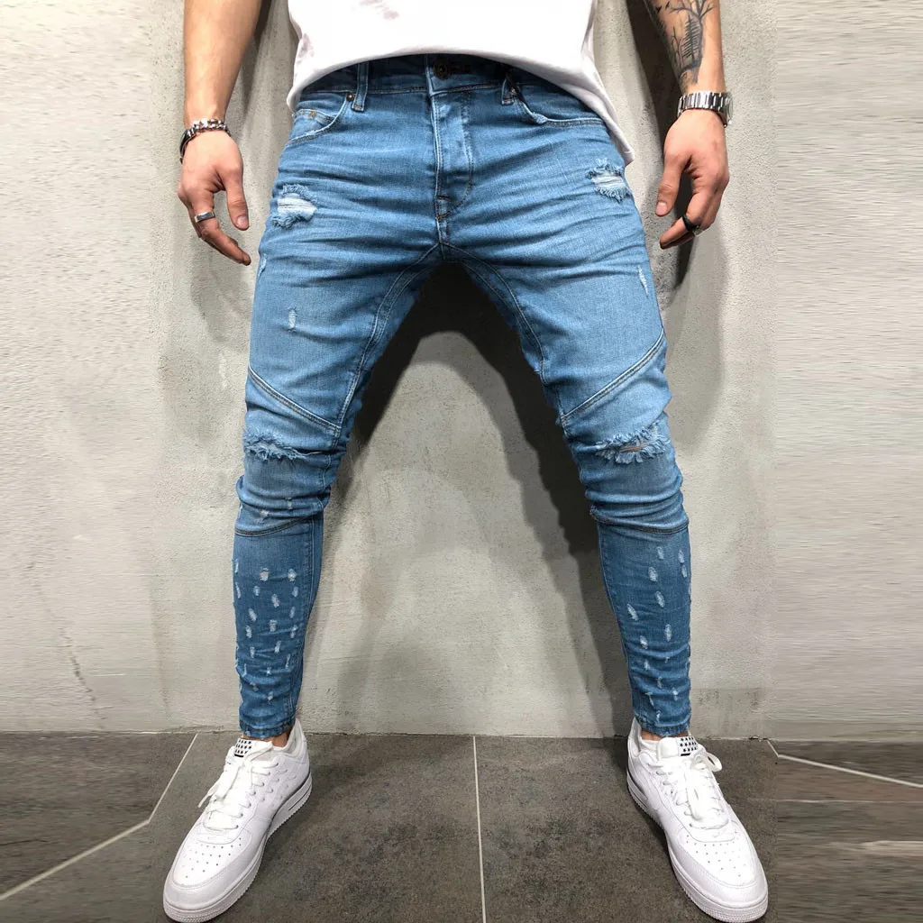 FeiTong Модные мужские рваные джинсы Уличная одежда потертые рваные джинсовые штаны хлопковые винтажные брюки в стиле хип-хоп джинсы в стиле хип-хоп