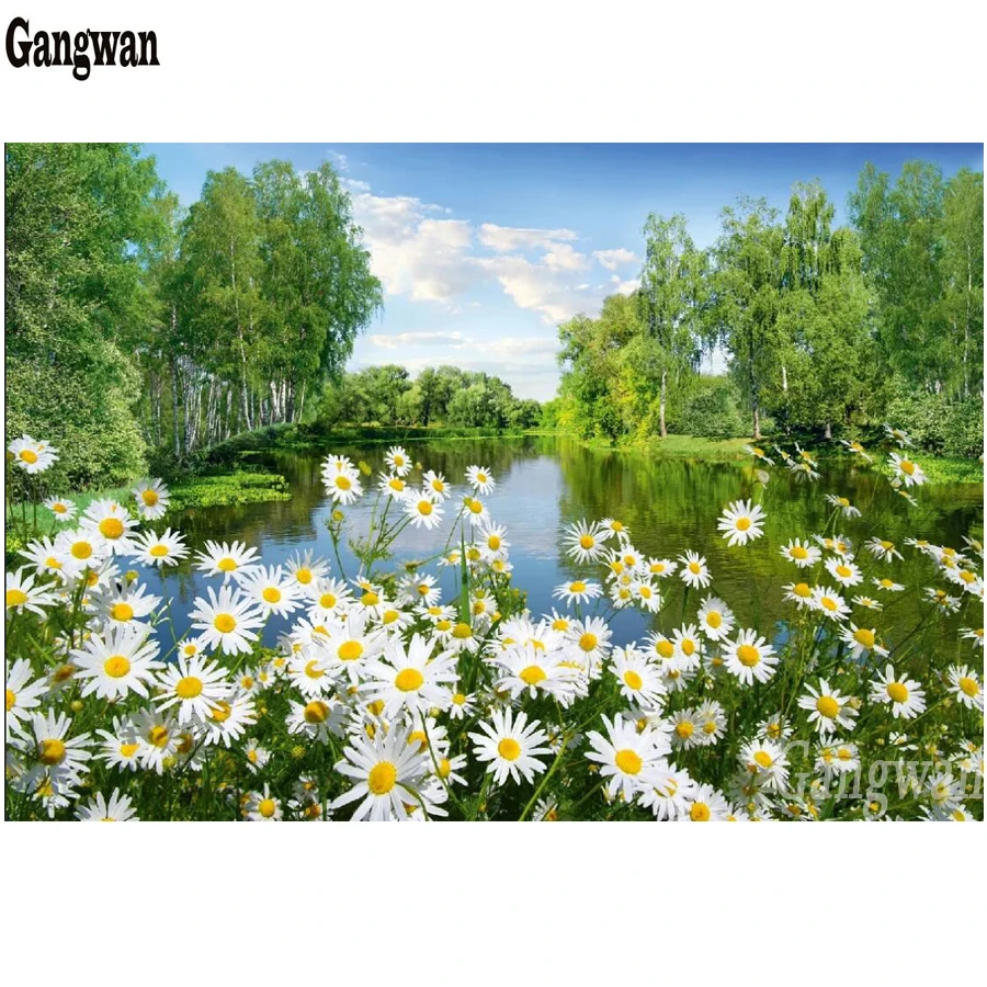 

5d Square Round Diamond Embroidery Green forest lake Daisies scenery Diy Diamond Painting Cross Stitch Home Decor Diamond Mosaic