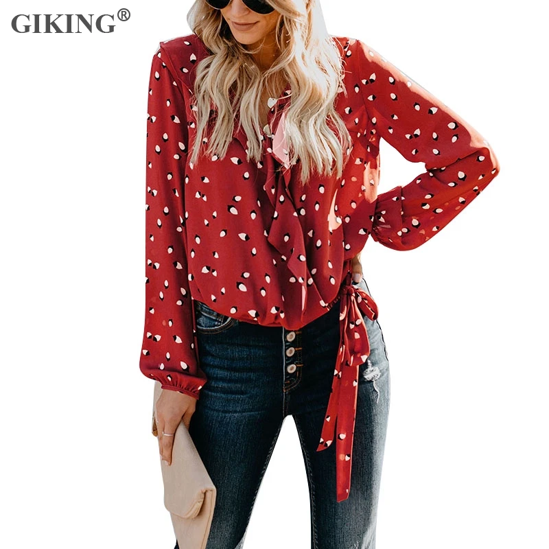 

GIKING 2019 Summer Shirts Women Floral Print Full Sleeve Tops Sexy V-neck Loose Bandage Boho Style Woman Shirt Office Lady Tops