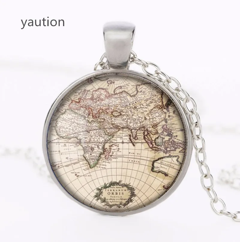 Ожерелье ручной работы с изображением старой карты мира|glass pendant|map necklaceworld map necklace