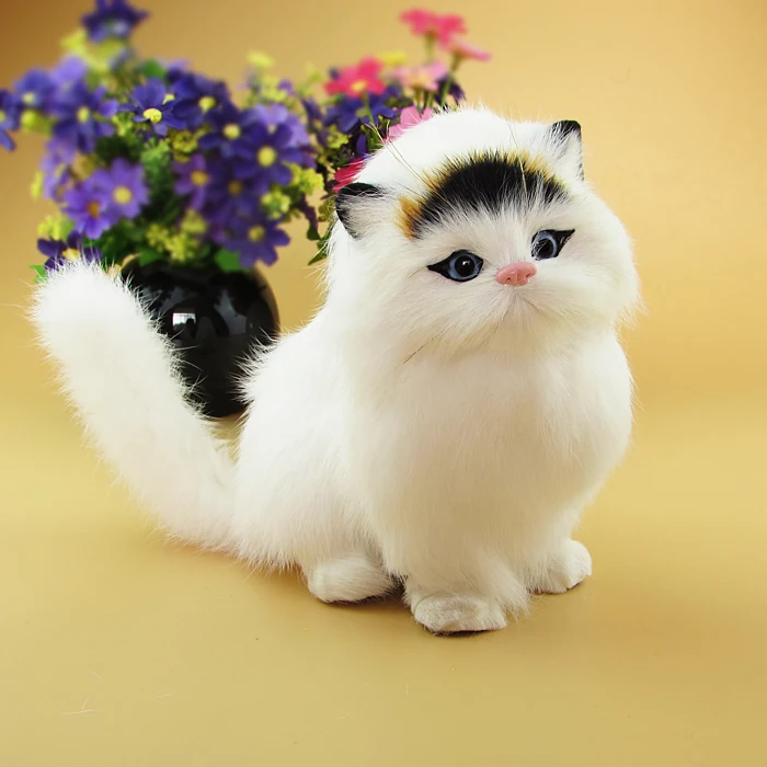 

Модель приседающей кошки 18x13 см, пластиковая и меховая ручная работа, белая кошка miaow с черной головой, украшение для дома, подарок на Рождество w5842