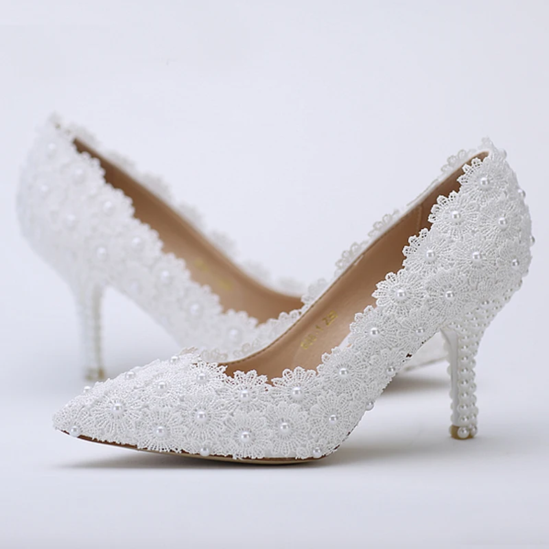 Pointed Toe Wedding Shoes Pink Lace Flower With Ivory Pearl Heel