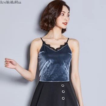 

AreMoMuWha Sexy Lace Sling Female Inside Small Vest 2019 Spring and Summer New Bottoming Shirt Wearing Gold Velvet Top MH202