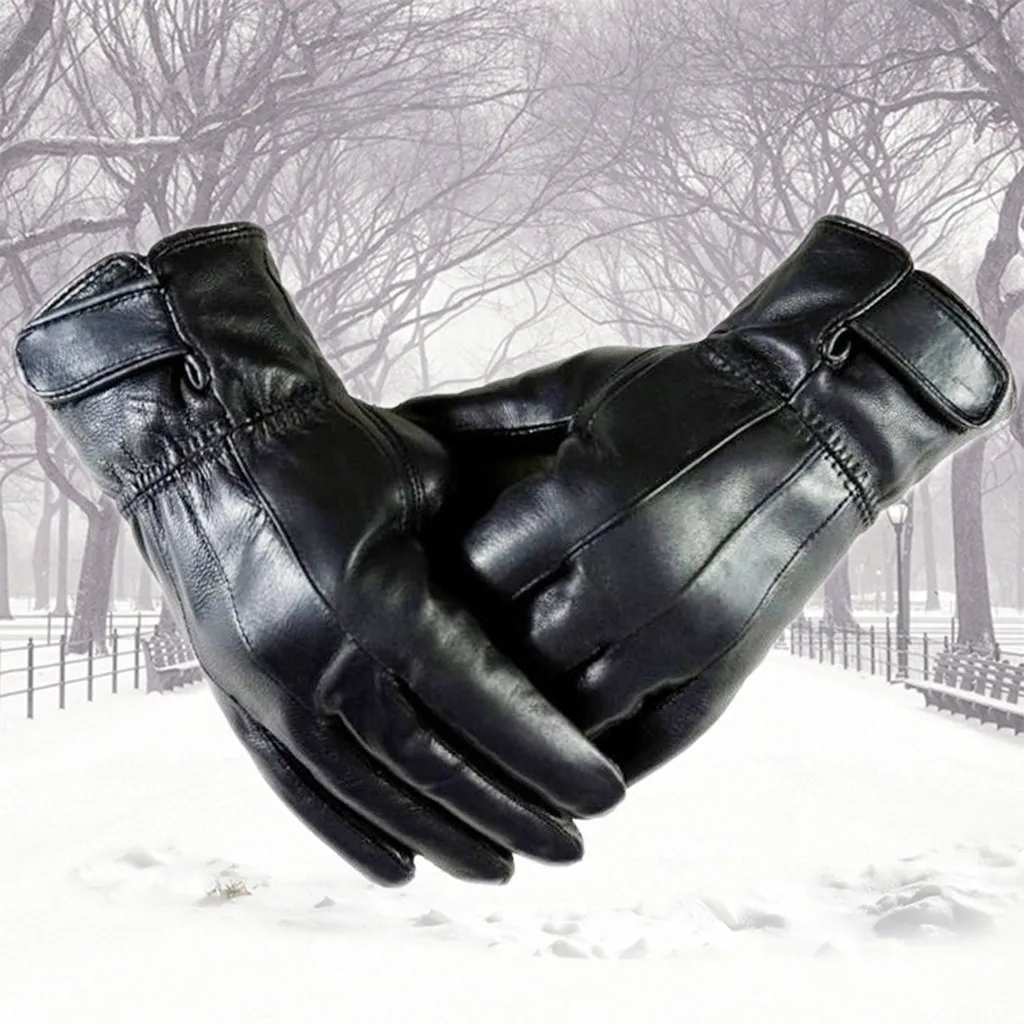 Mens Luxurious Leather Winter Driving Warm Gloves Cashmere Windproof