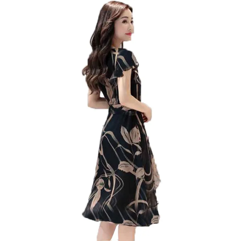 Summer Chiffon Dress Outer Space Casual Floral Print Women Round Neck Hollow Out Printed Bowknot Chiffon Skater Dress