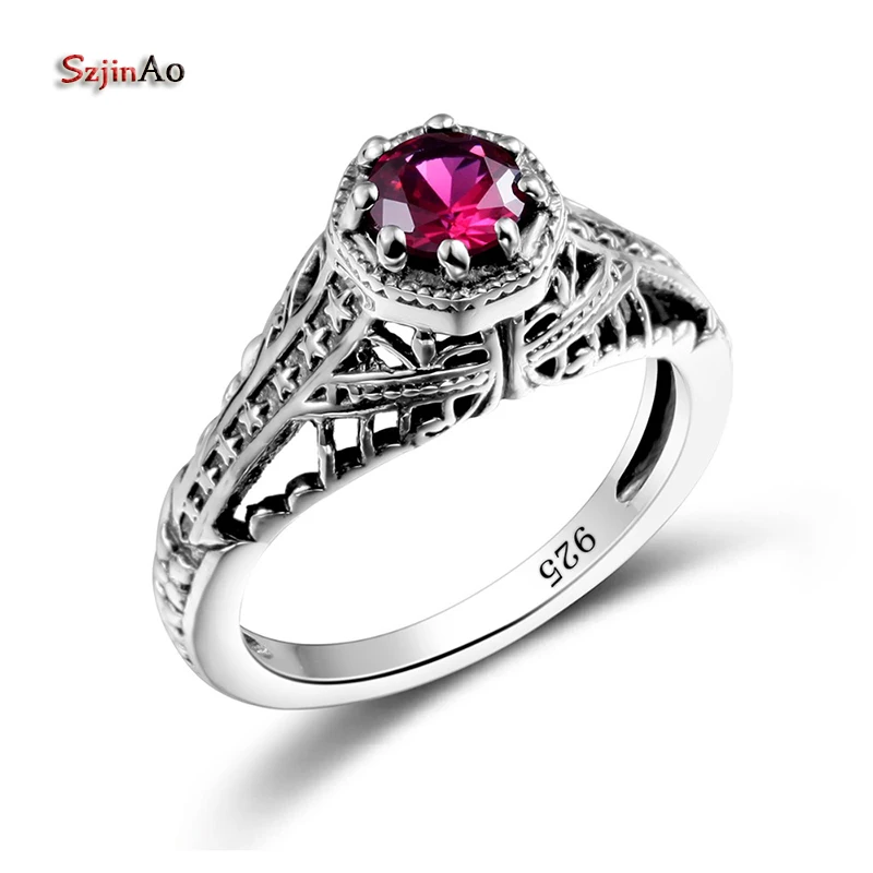

Szjinao Princess Palace Carved Star Garnet Vintage Ring Religious 925 Sterling Silver Women Wedding Engagement Jewelry