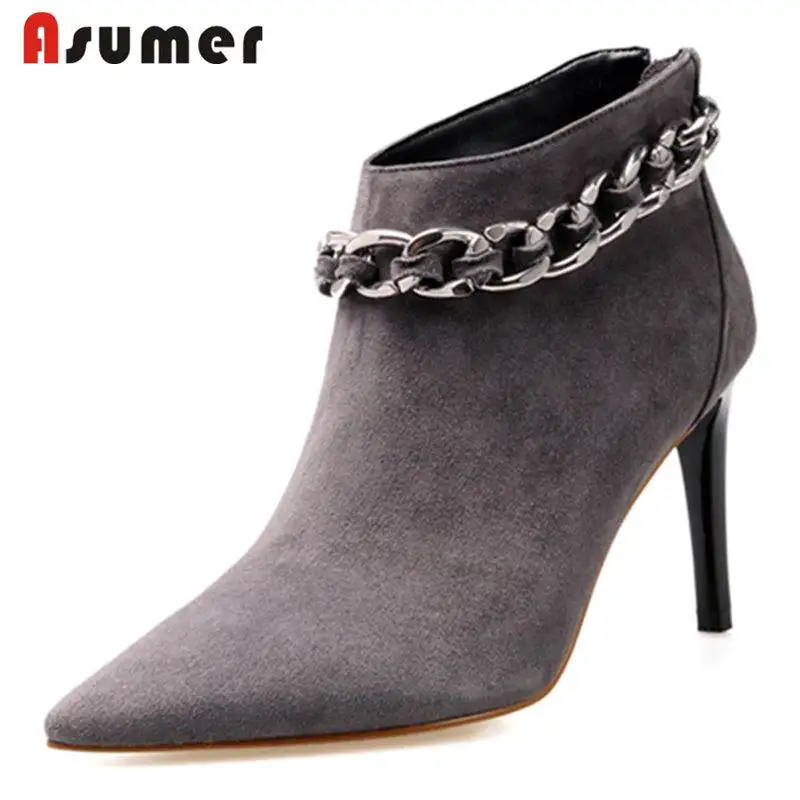 

ASUMER 2018 HOT fashion stiletto high heels kid suede leather boots metal chain ankle boots for women pointed toe autumn boots