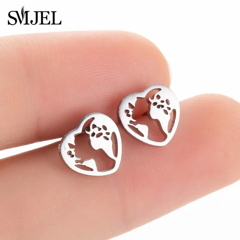 

SMJEL Black Stainless Steel Stud Earrings Simple Heart Shape World Map Earring Geometric Rock Jewelry Birthday Gift brincos