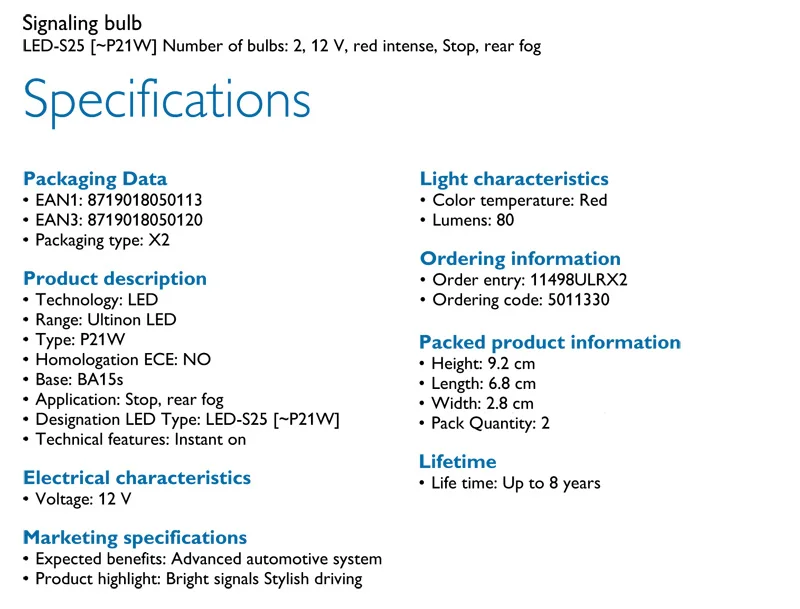 Philips светодиодный P21W S25 BA15s Ultinon светодиодный красный цвет автомобиля указатели поворота светильник противотуманная фара Реверсивный светильник 11498ULR X2, пара