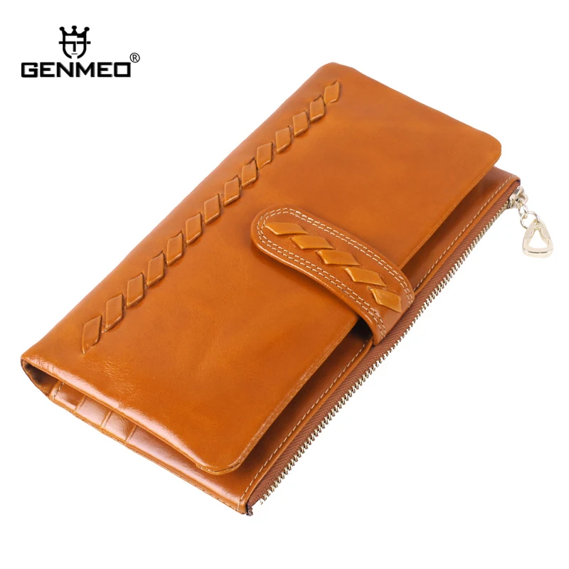 

GENMEO New Arrival Knitting Style Wax Cow Leather Wallets Women Genuine Leather Wallet Ladies Card Holder Purse Handbags