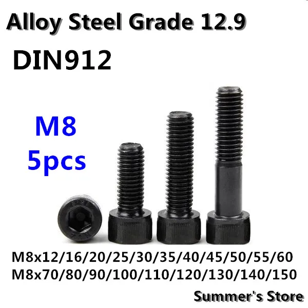 

5pcs/lot DIN912 Hex Socket Cap Screw M8*12/16/20/25/30/35/40/50/60/70/80/90/100/110/120/130/140/150mm M8 black long screw bolts