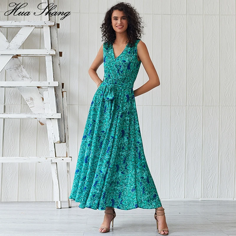 

Leaf Print Green Bohemian Dress Women Summer V Neck Sleeveless Belted Casual Tunic Beach Dress Elegant Split Long Boho Dresses