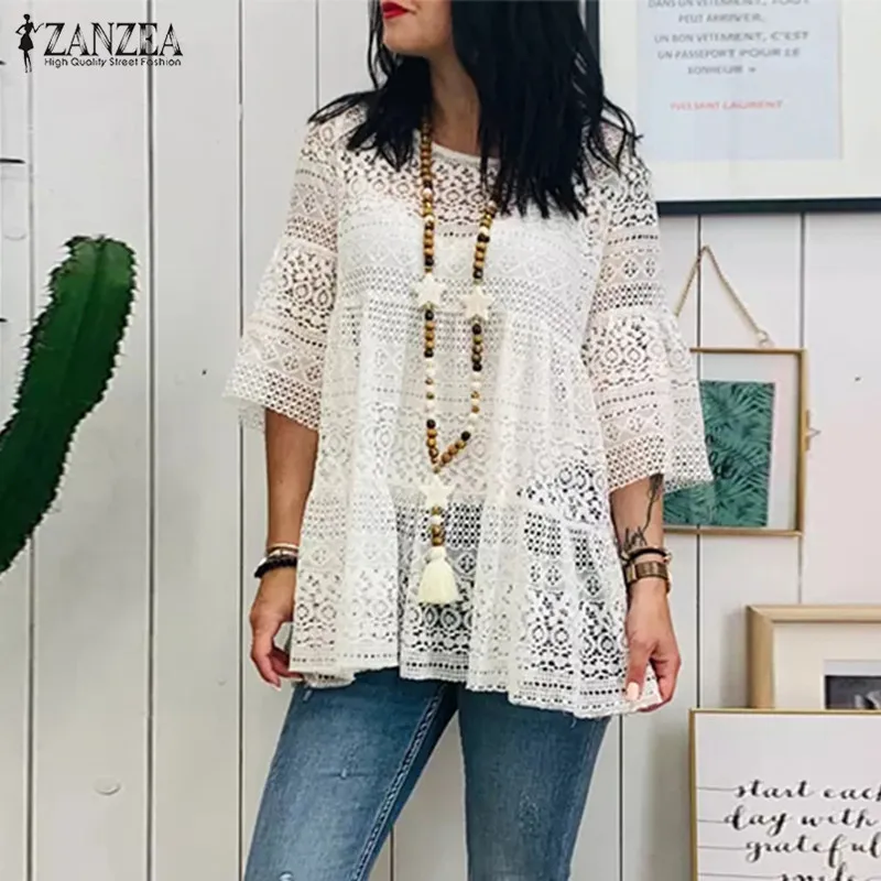 

Bohemian Lace Patchwork Tops Women's Summer Blouse 2019 ZANZEA Fashion 3/4 Flare Sleeve Shirts Female Hollow Blusas Woman Tunic