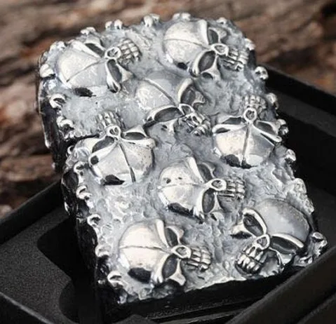 

YSQZ genuine Heavy Hand-carved Armor silver five-sided large skull evil lighter with box