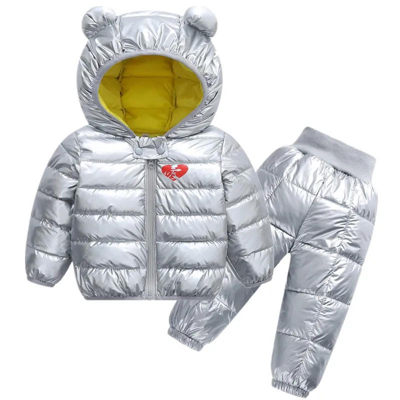Детский Зимний лыжный комплект, одежда для малышей Детские Пуховые хлопковые куртки и штаны костюм из 2 предметов для маленьких мальчиков и девочек, От 1 до 5 лет зимний комбинезон