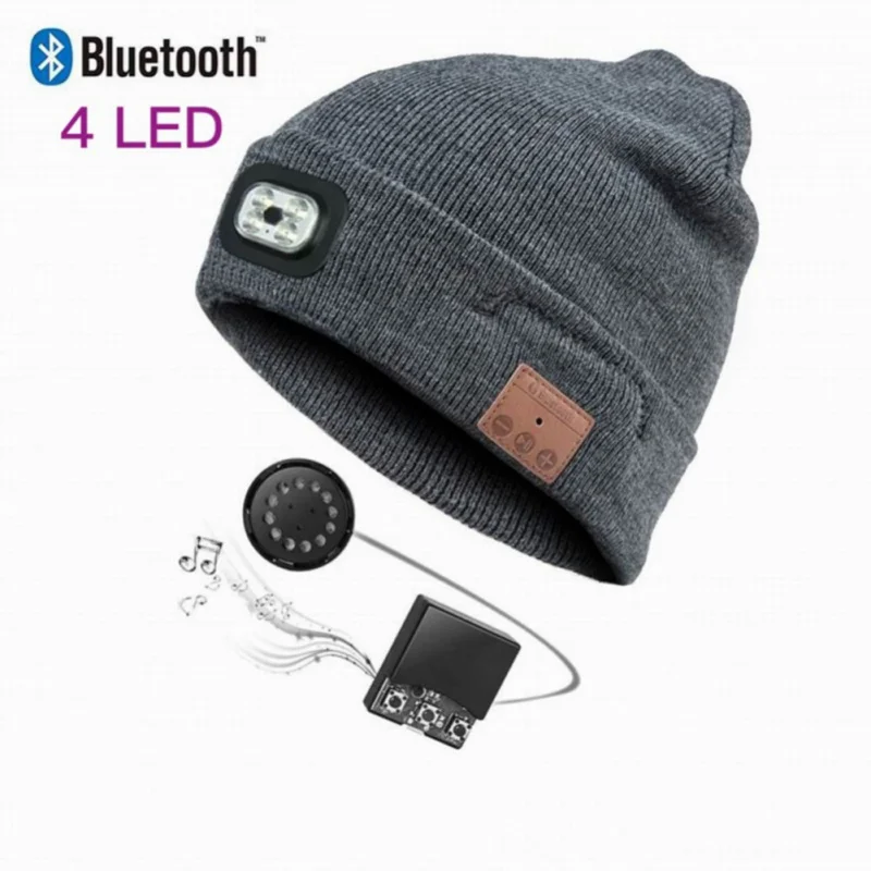 4 High Brightness LED Bluetooth Headphone Beanie Hat Outdoor Sports Wireless Headset Rechargeable Headlamp Cap with Mic
