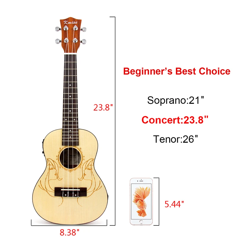 Kmise электрическая акустическая укулеле концертная твердая ель Ukelele Уке 23 дюймов 18 лада с Gig Bag