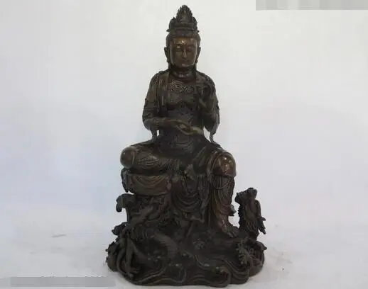 

16"China Pure Bronze Copper Kwan-Yin Buddha Statue Ride on Dragon Bodhisattva
