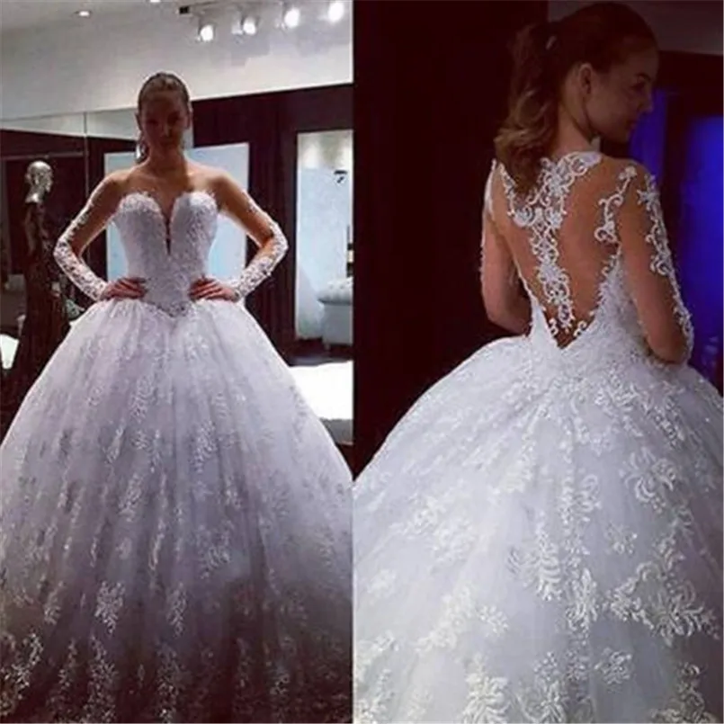 

Sexy Transparent Long Sleeves White Ball Gown Wedding Dress Elegant O Neck Long Appliqued Organza Bridal Gown