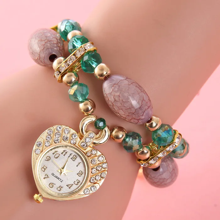 

High Grade Ladies Bracelet Watch Rhinestone Heart-shaped Pendant Quartz Wristwatches Women Gem Beads Strap Relogios