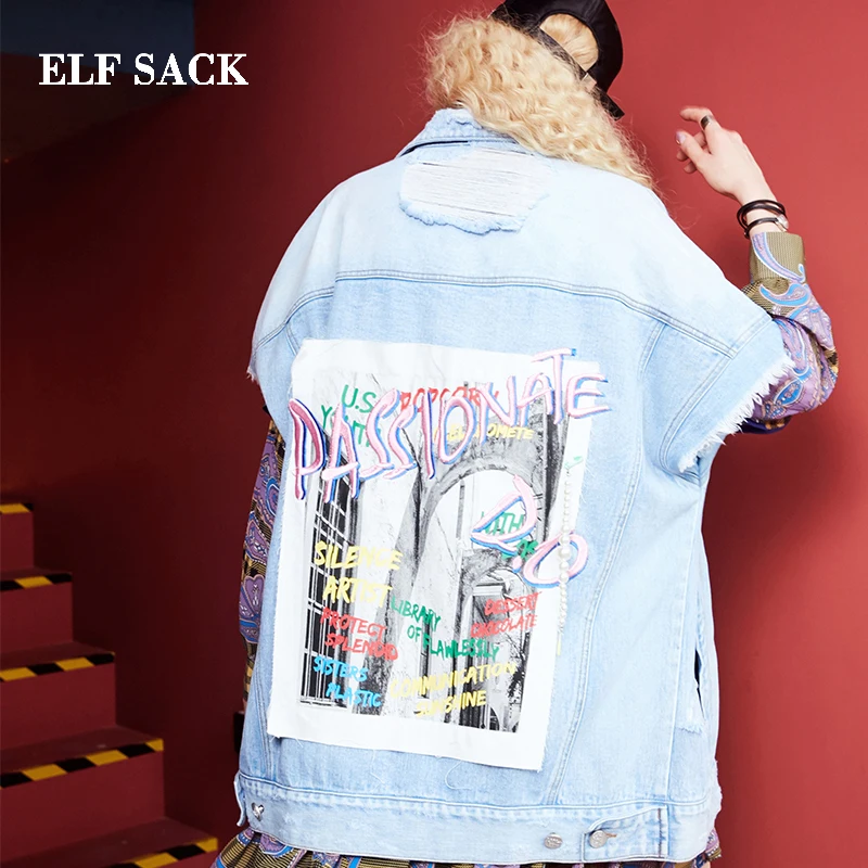 

ELF SACK Autumn New Woman Coat Cotton Casual Sleeveless Solid Denim Woman Jackets Turn-down Collar Harajuku Femme Outerwear Coat