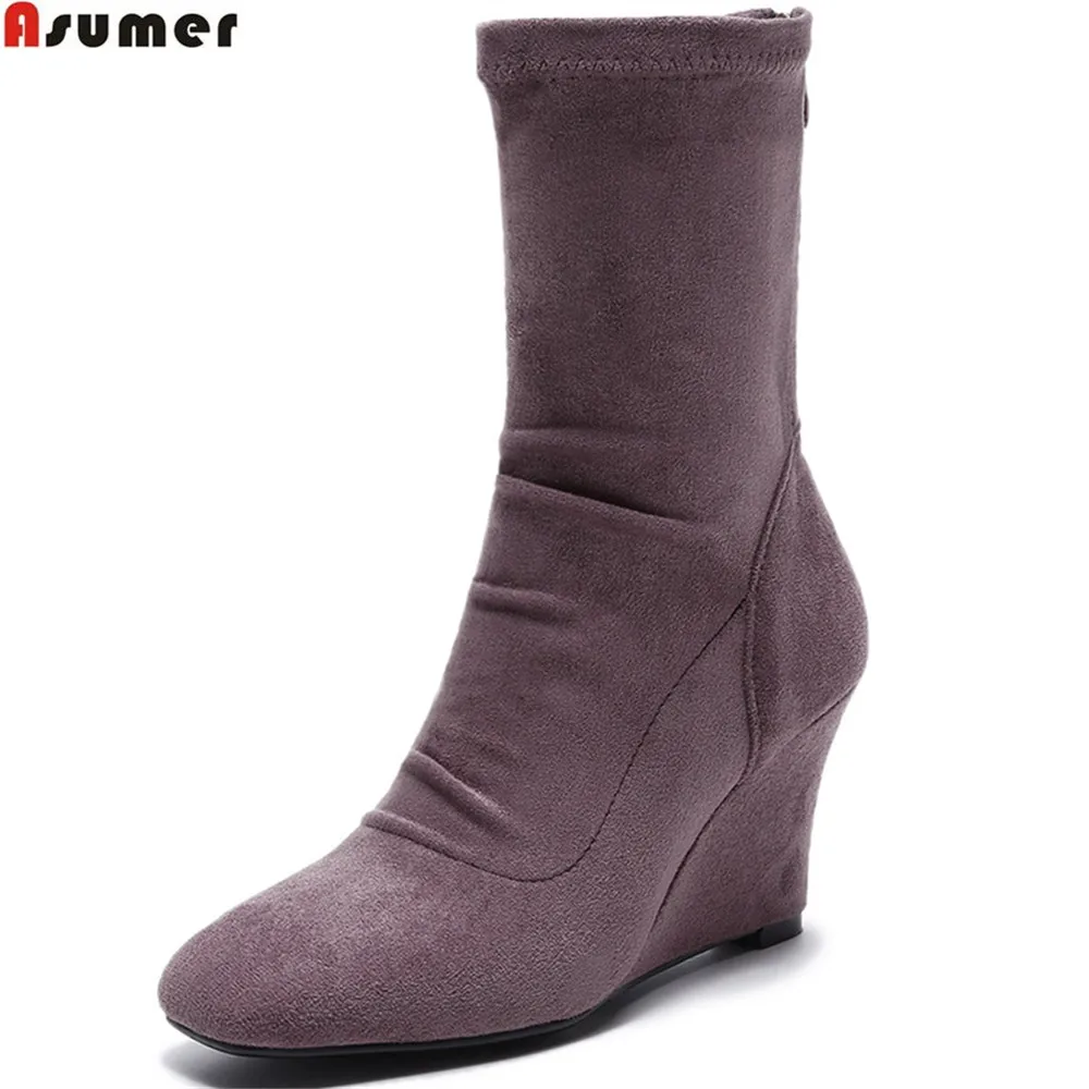 

ASUMER 2018 fashion women boots square toe ladies kid suede boots wedges zipper sexy leather ankle boots black gray