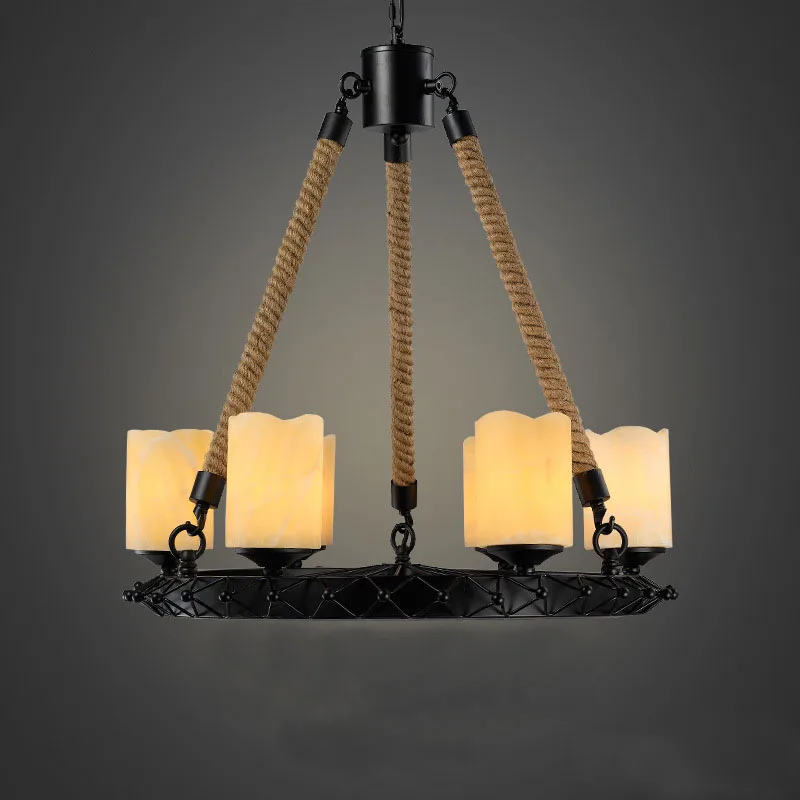 

Retro industrial restaurant chandelier,6 arms marble candle hemp rope hanging lamp iron wheel parlor dining room light fixture