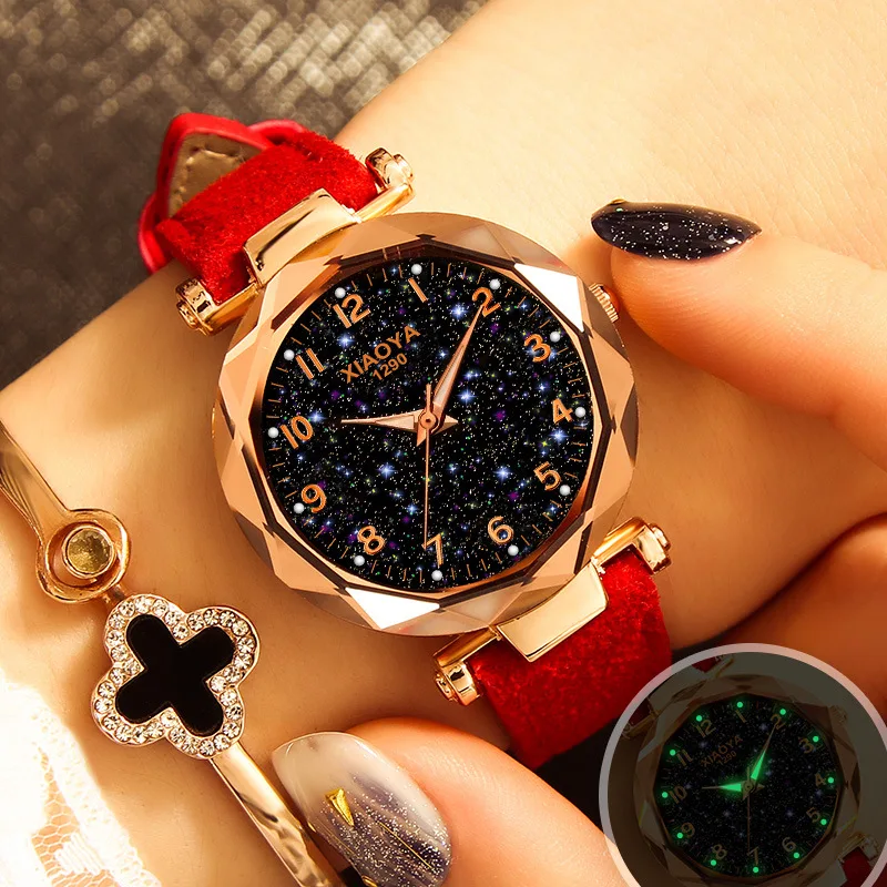 

Luxury Starry Sky Luminous Women's Watch Red Leather Waterproof Clock Fashion Ladies Quartz Wristwatch Orologio da donna 2019