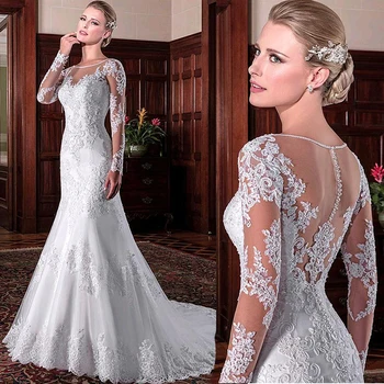 

Exquisite Tulle Jewel Neckline Mermaid Wedding Dresses With Beaded Lace Applqiques Long Sleeves Bridal Dresses