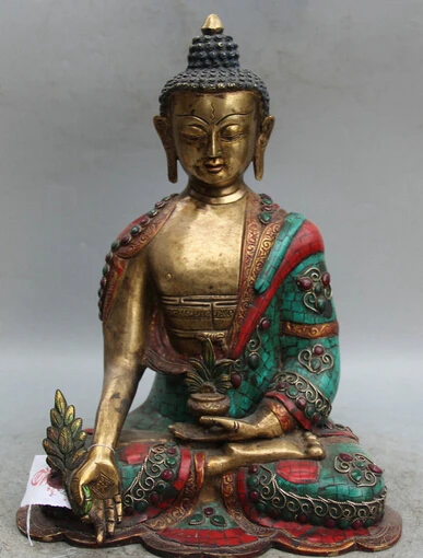

JP S0524 14" Tibet Buddhism Bronze Gild turquoise Red Coral Menla Medicine Buddha Statue