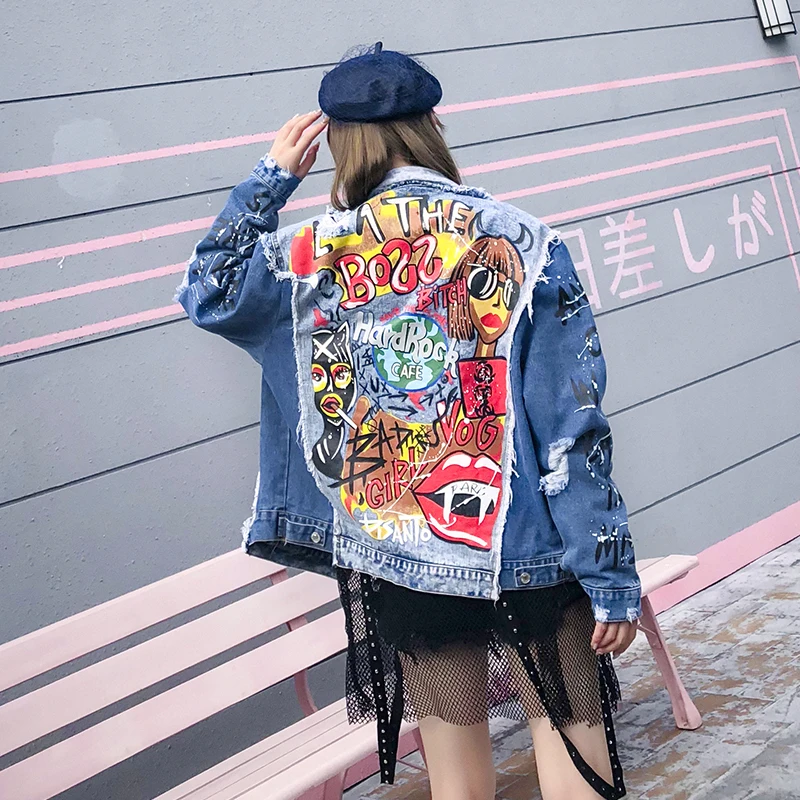 Осенние новые абстрактные узоры, scribbling, граффити, цветные джинсовые женские свободные куртки для отдыха