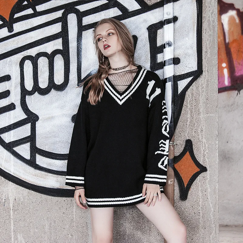 Wind Long-style Sweater Buttocks Collision Color V-collar Long-sleeved Sweater Knitted Tide 2019 Black Pullovers Sweater