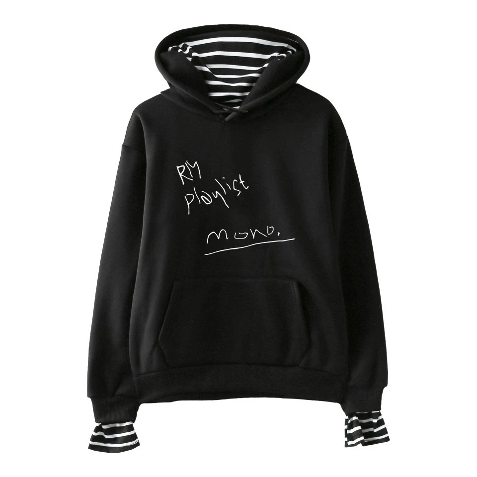 

FADUN TOMMY POP RM Mono Print Fake Two Pieces Hoodies 2018 Hot Sale Casual Women Hoodies Sweatshirts Kpops Harajuku Plus Size