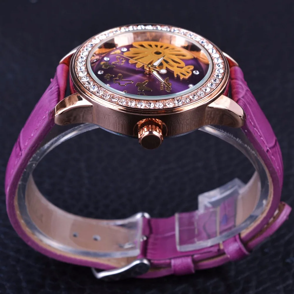 Beste Winnaar Mode Jurk Paars Band Bloem Dial Display Lady Horloge Top Merk Luxe Vrouwelijke Slijtage Mechanische Vrouwen Horloge Klok