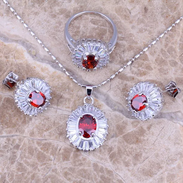 

Awesome Red Garnet White CZ Silver Jewelry Sets Earrings Pendant Ring Size 6 / 7 / 8 / 9 / 10 S0119