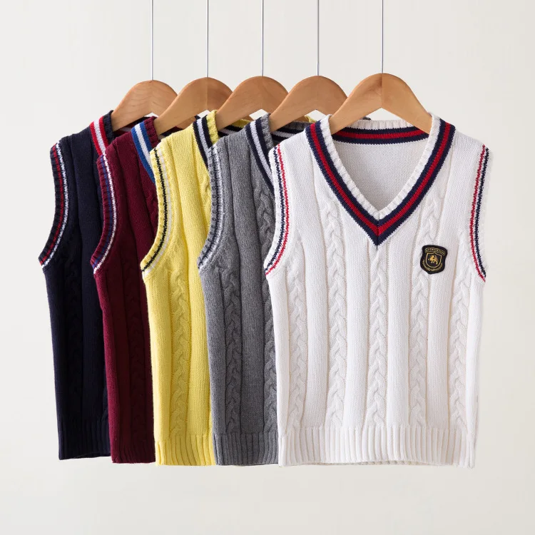 

2061 Children's Knitted Wear Spring Autumn Winter 2019 Korean Men's And Women's College Wind Girls Boy Sweaters Pure Cotton Vest