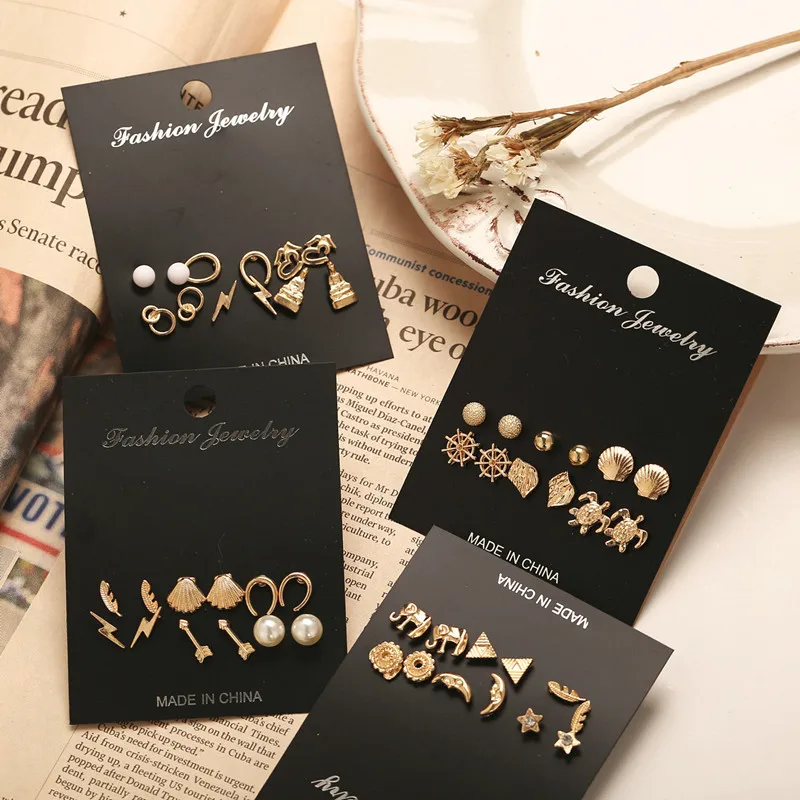 

6 Pairs/lot Star Moon Stud Earrings for Women Elephant Turtle Lightning Shape Earrings Set Multi Option Ear Jewelry ET1197