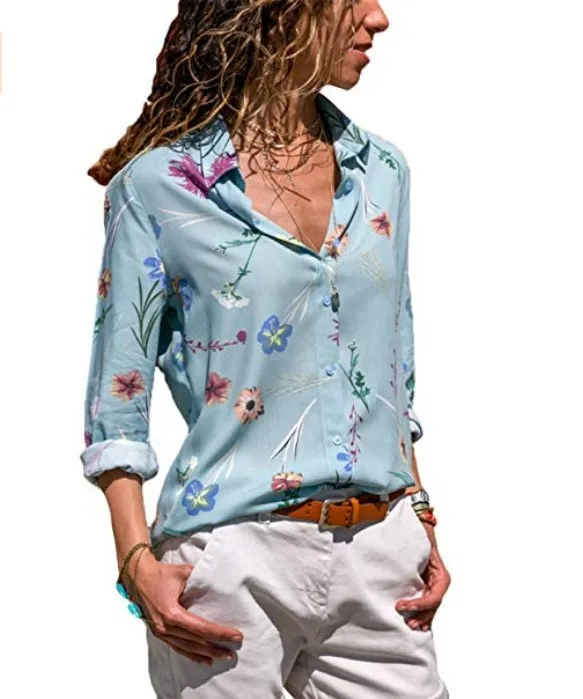 

LASPERAL Womens V Neck Floral Print Button Down Blouse Casual Blouses Tops Plus Size Long Sleeve Blouse