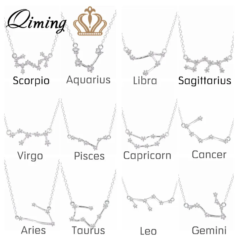 

925 Silver 12 Constellation Zodiac Necklace Horoscope Sign Zircon Korean Jewelry Star Galaxy Libra Astrology Women Necklace Gift