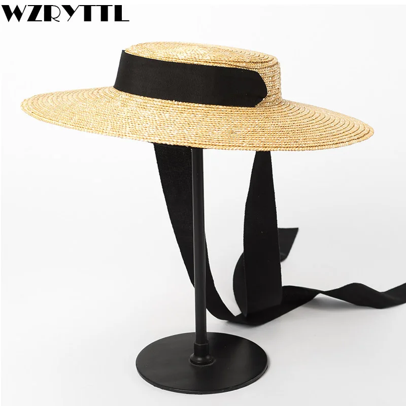 Online 2019 sombrero de ala ancha Boater 10cm 15cm sombrero de paja de ala plana mujer verano Kentucky Derby sombrero blanco negro lazo sombrero de sol gorra de playa