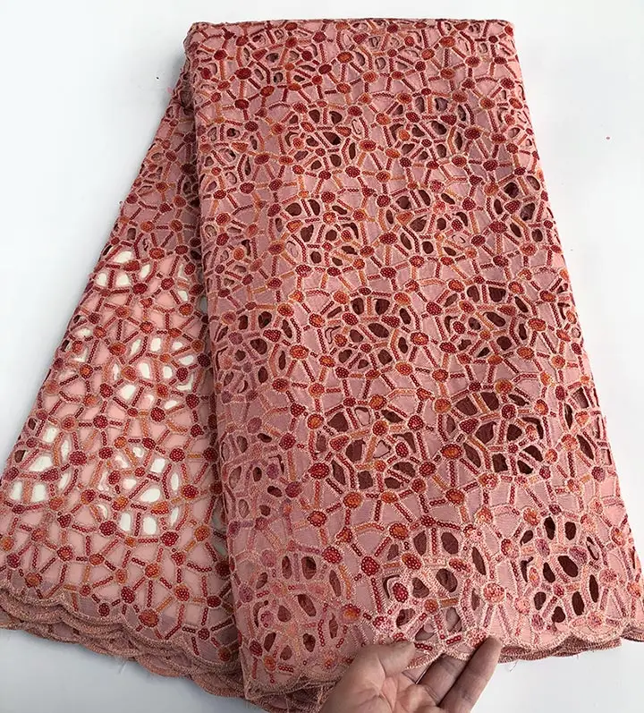 Чирок 5 ярдов ручной работы органза кружева с блестками африканская кружевная ткань с большими отверстиями для нигерийской одежды шитье - Цвет: peach